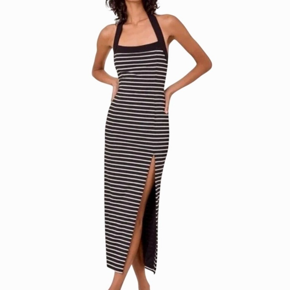 Nicholas Jane Dress Size Medium Black White Stripe Halter Neck Midi Bodycon Slit